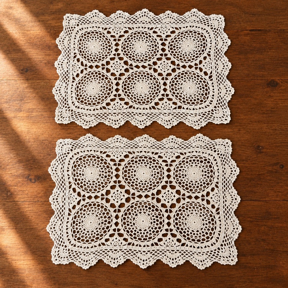 Vintage Set of 2 White Cotton Crochet Placemat Doilies Scalloped Lace Table Mats